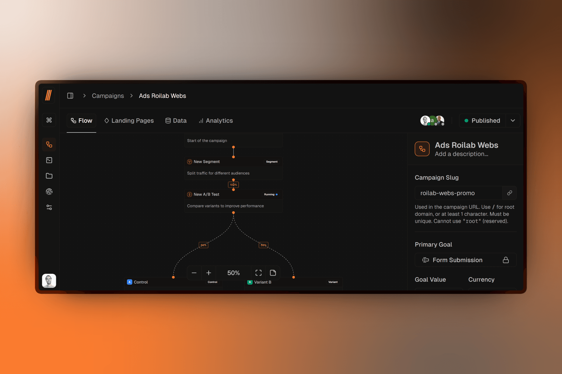 Campaign interface showing the four main tabs: Flow, Landing Pages, Data, and Analytics