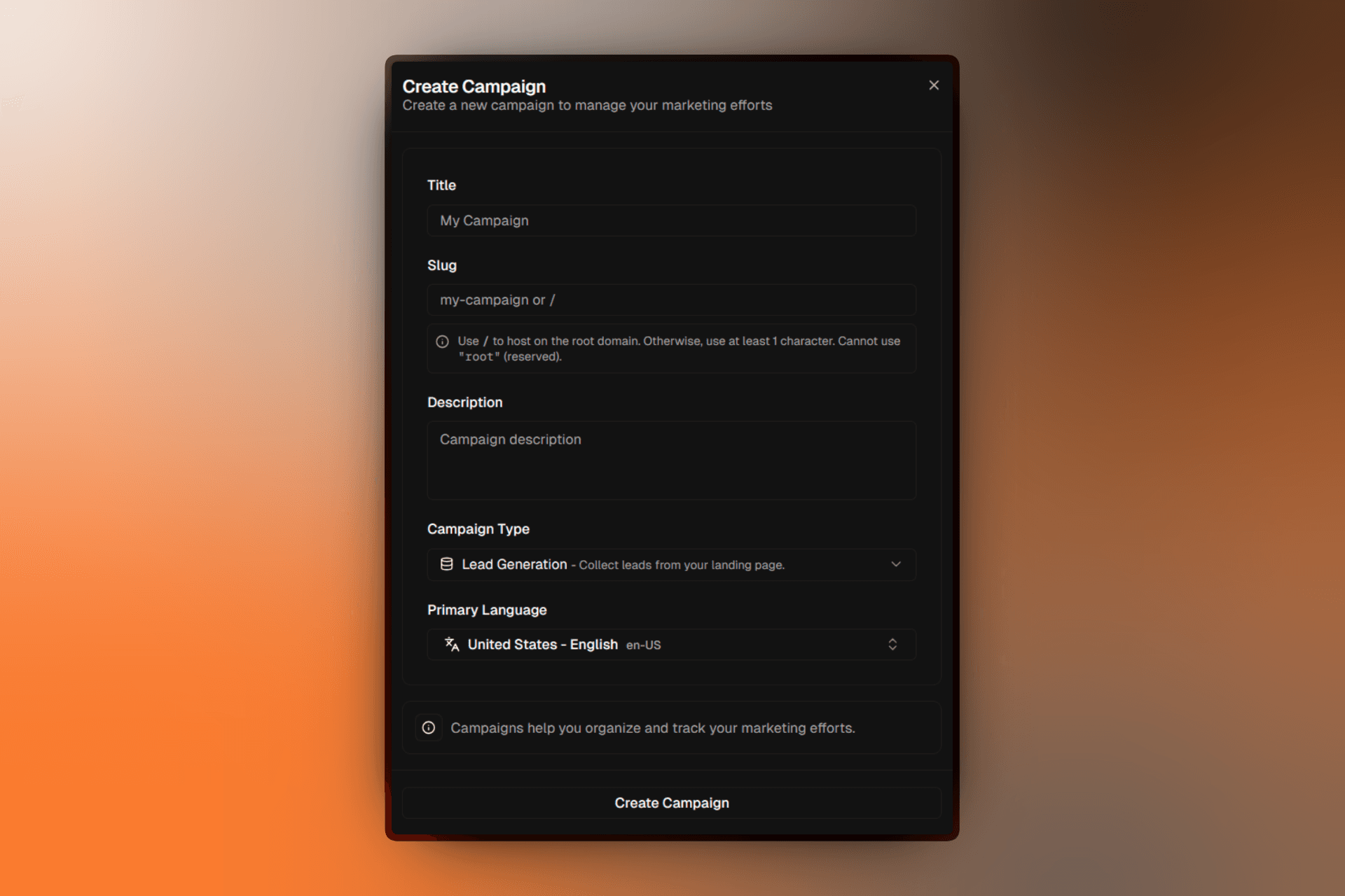 Create campaign modal with campaign type selection