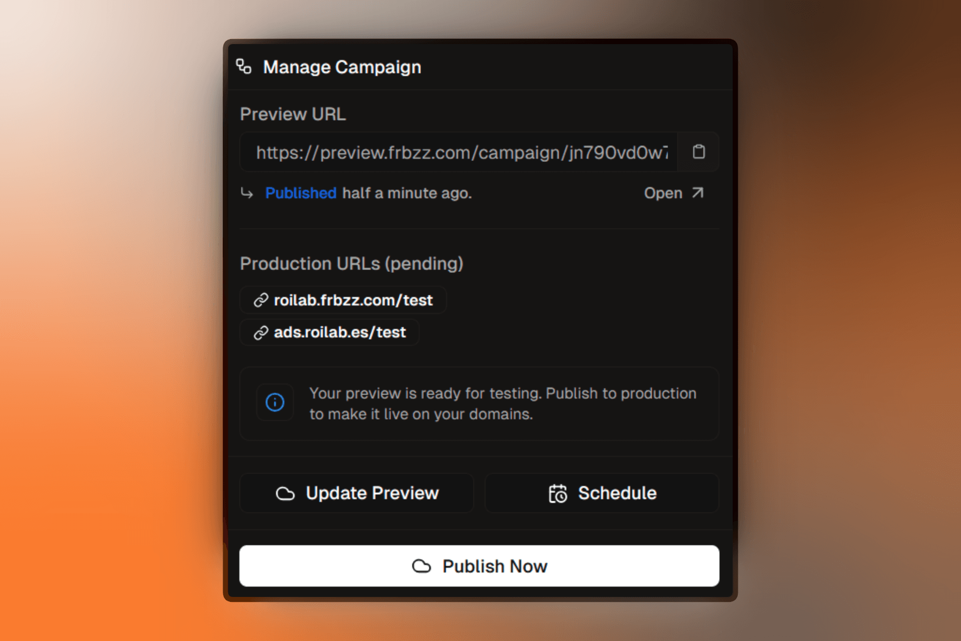 Campaign status button and publish controls in the header