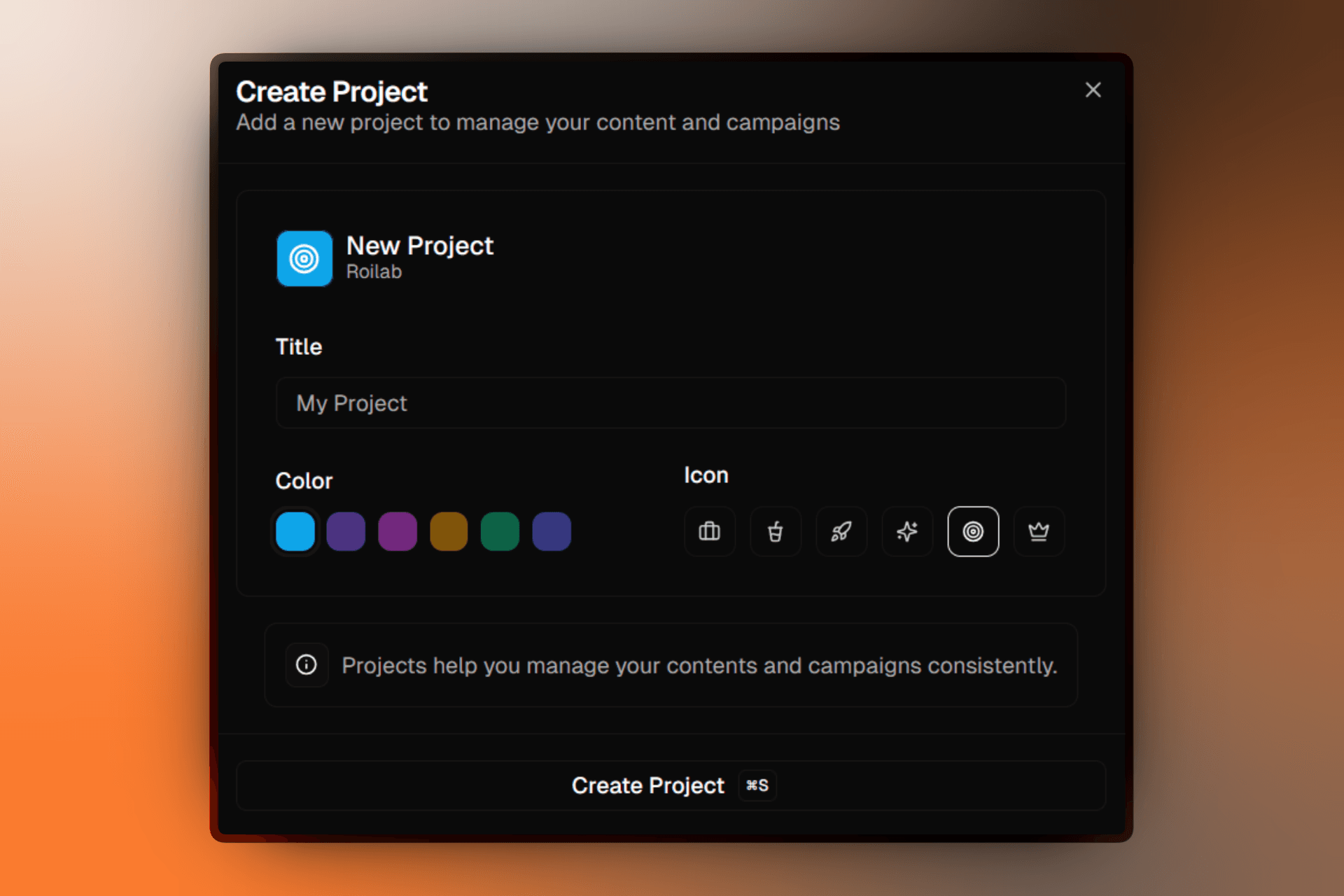 Create project form showing title, color picker, icon selector, and live preview