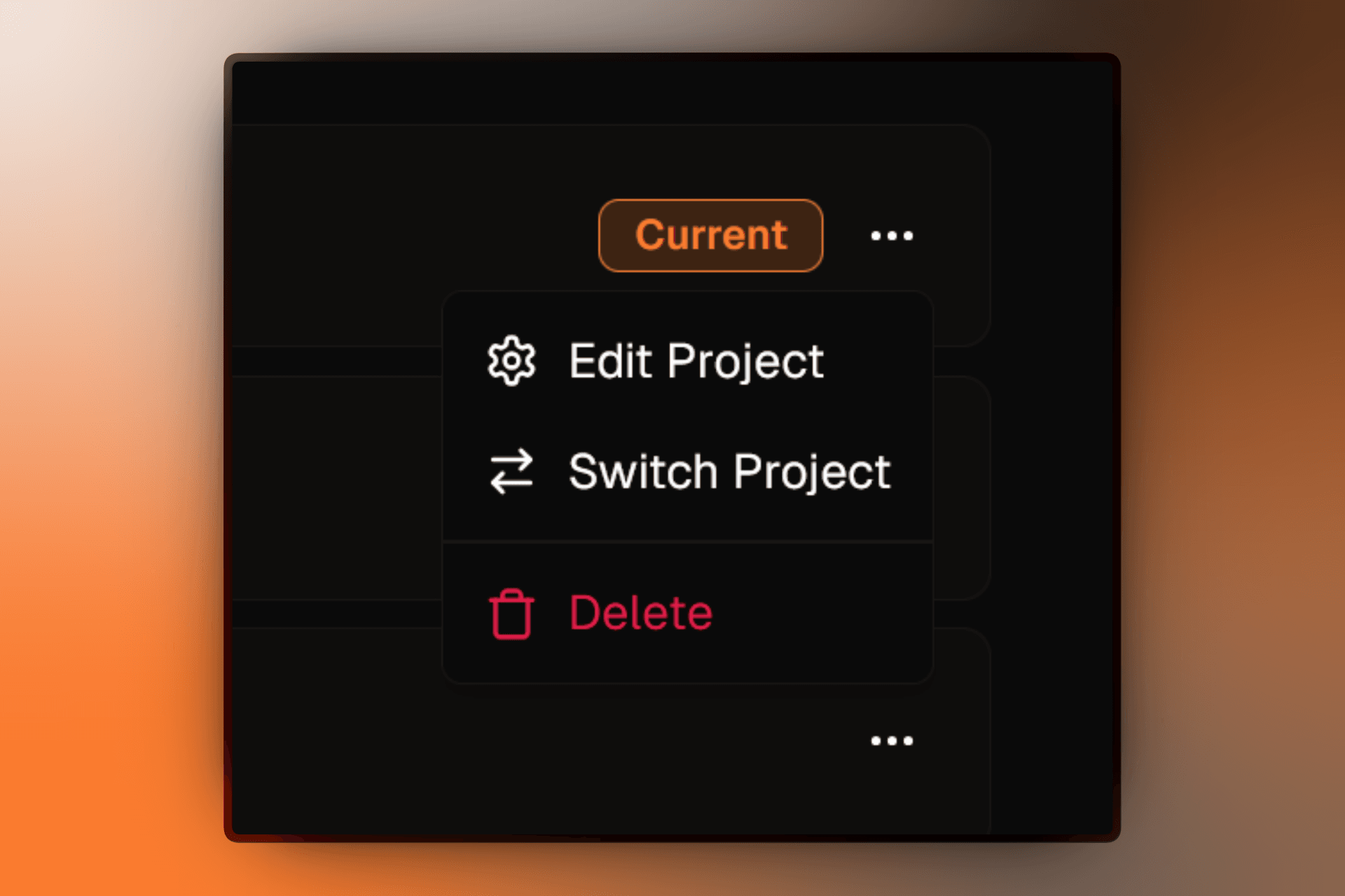 Project actions menu showing Edit Project, Switch Project, and Delete options