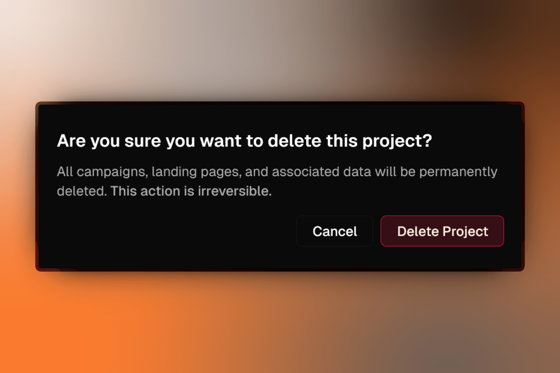Delete confirmation dialog with warning about permanent data loss