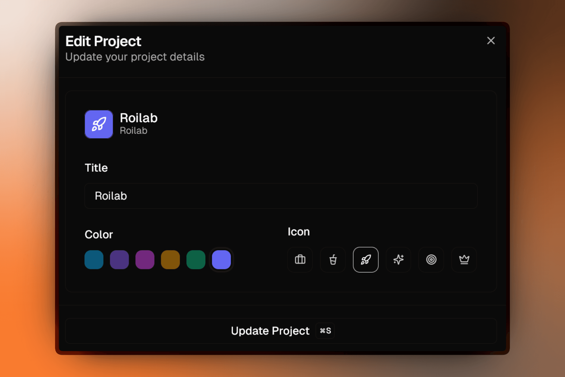 Edit project form with title, color, and icon fields