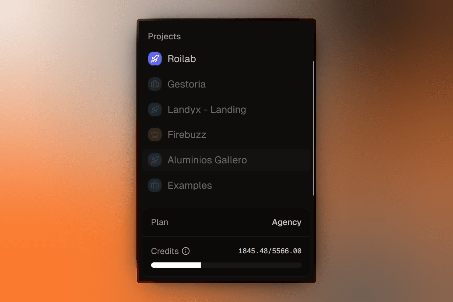 Sidebar showing Projects section with active project at full opacity and others dimmed