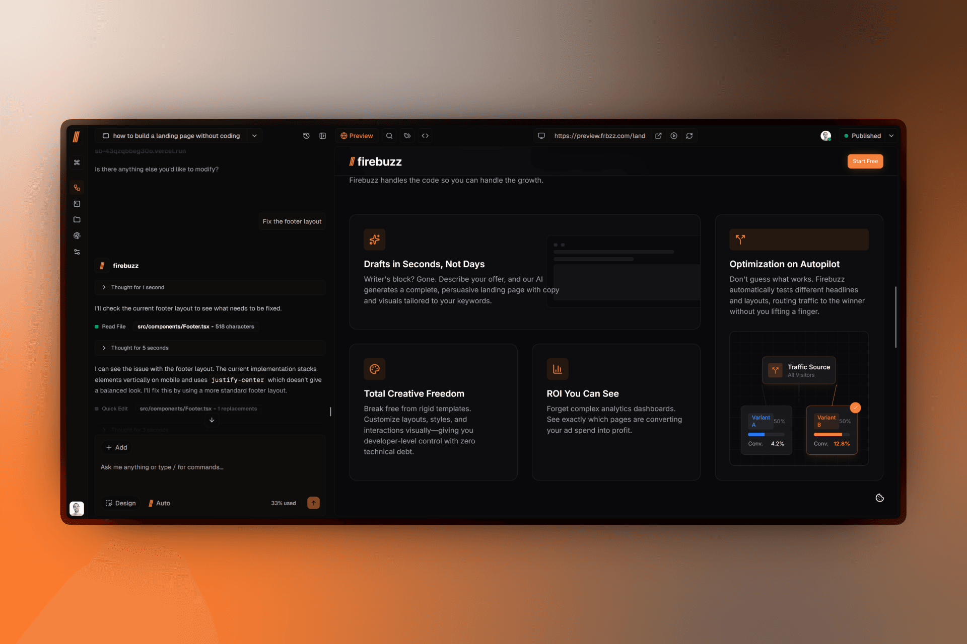 AI page builder showing split-screen layout with chat interface on the left and live landing page preview on the right