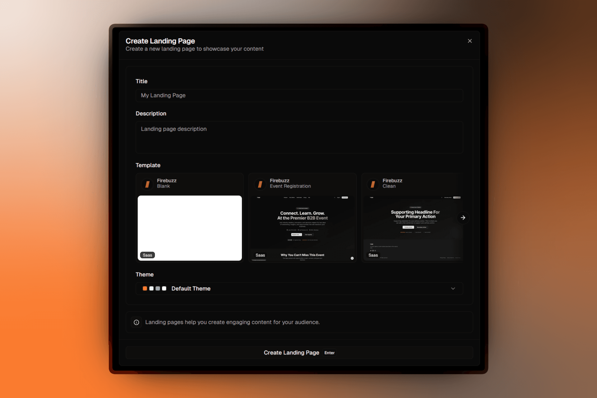 Landing page creation modal showing form fields including title, description, template slider, theme selector, and language options