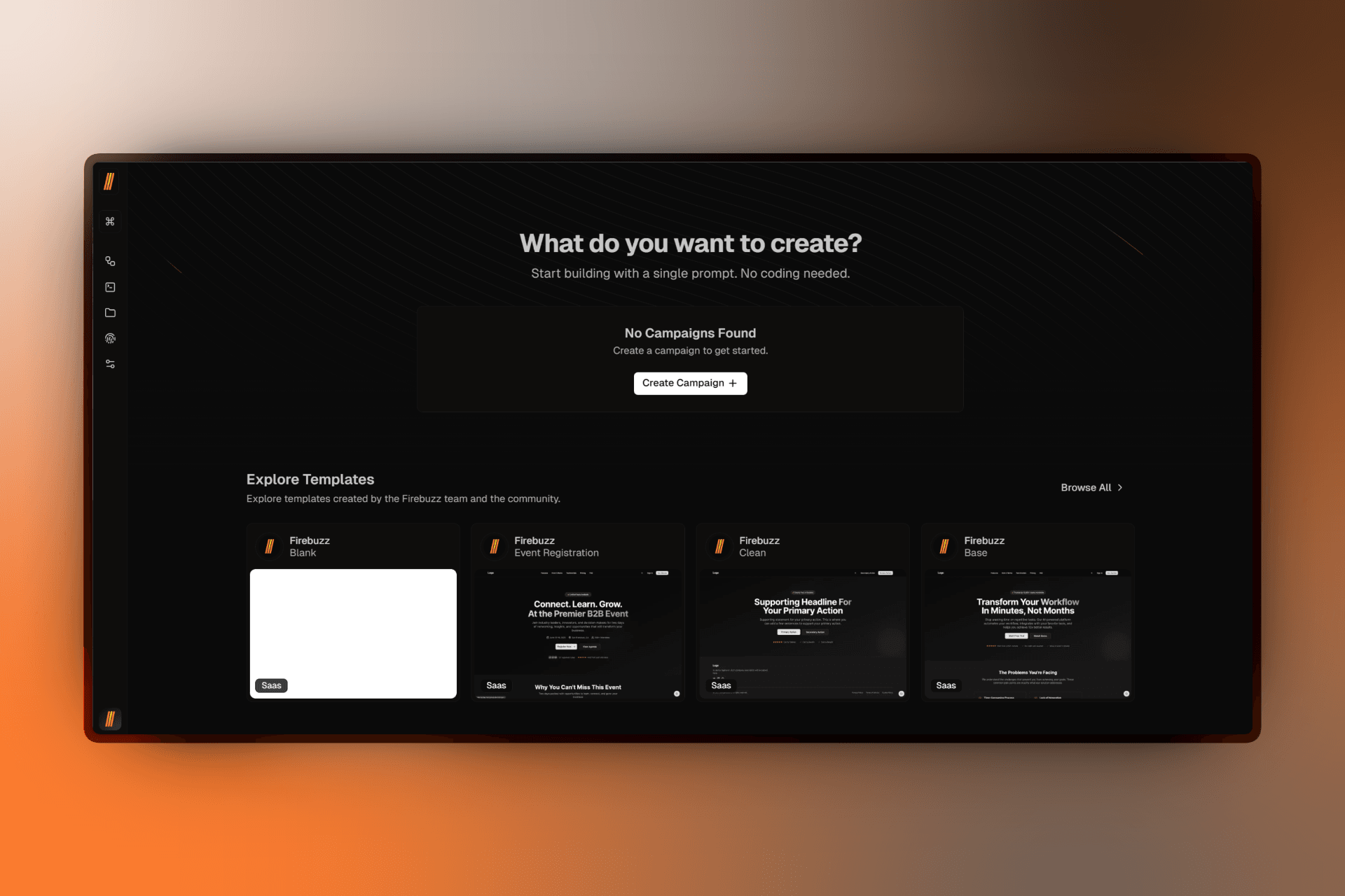 Dashboard showing the empty state with "No Campaigns Found" message and Create Campaign button