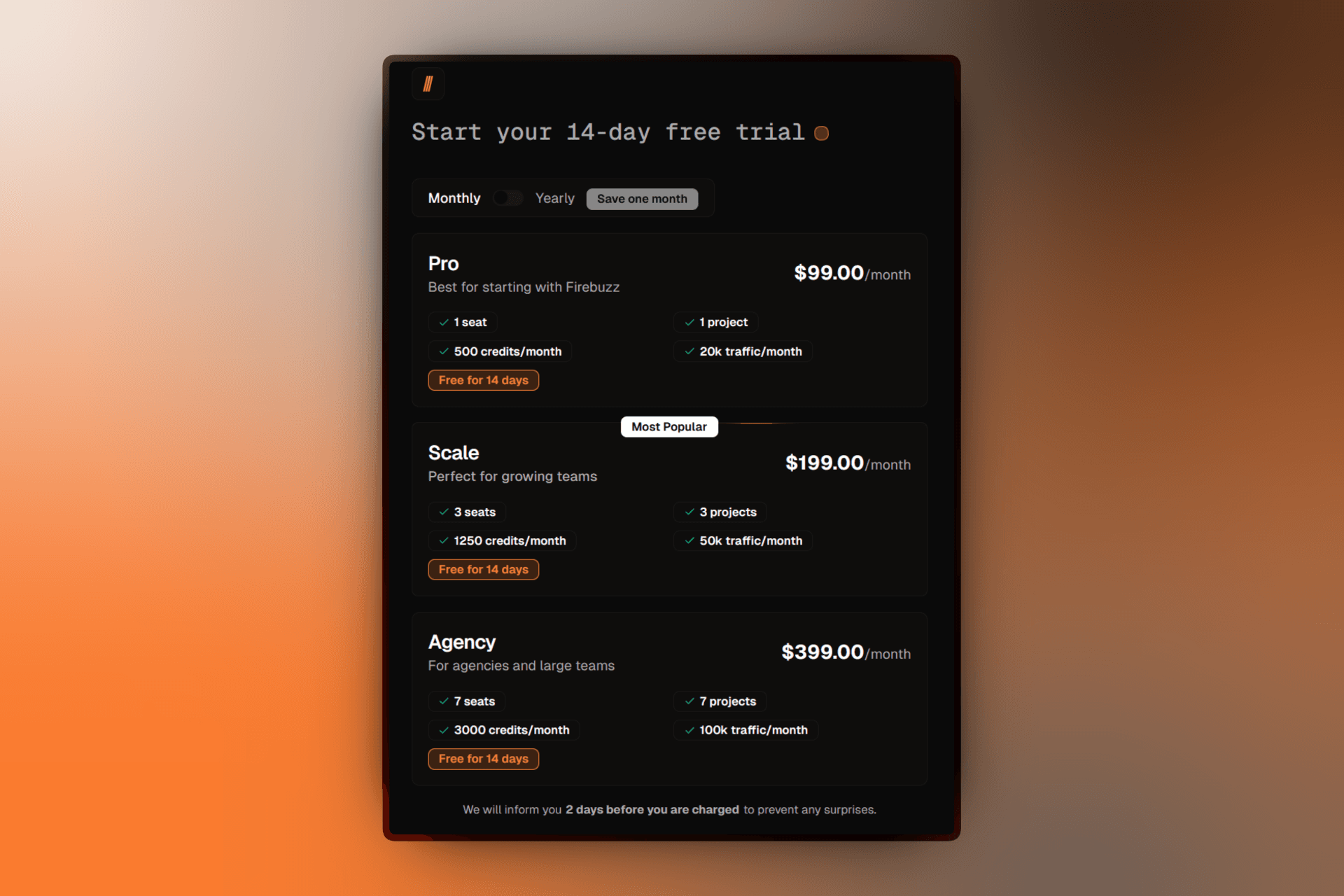 Plan selection screen showing Pro, Scale, and Agency tiers with Free for 14 days badges and monthly/yearly toggle