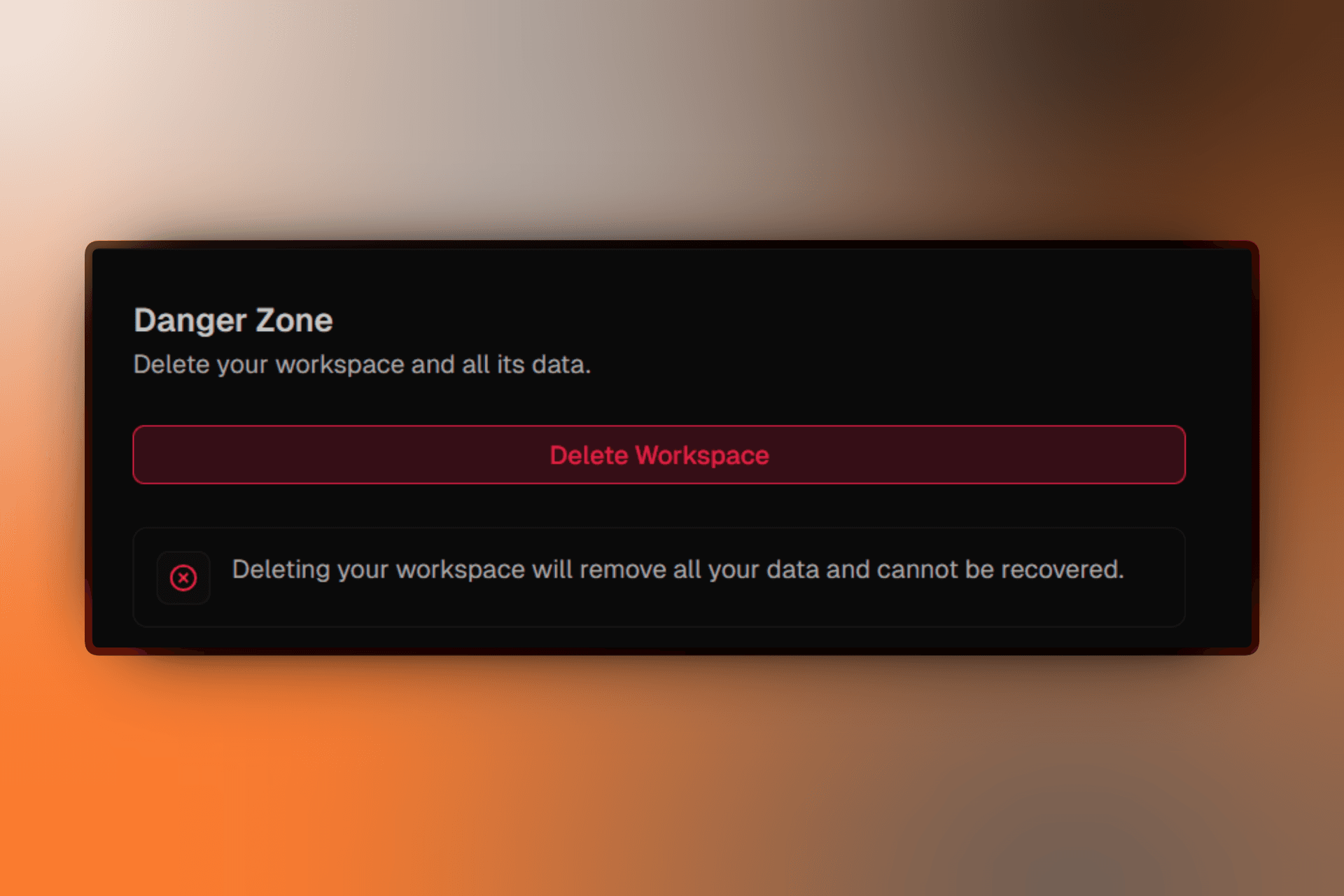 Workspace settings page showing the Danger Zone section with Delete Workspace button