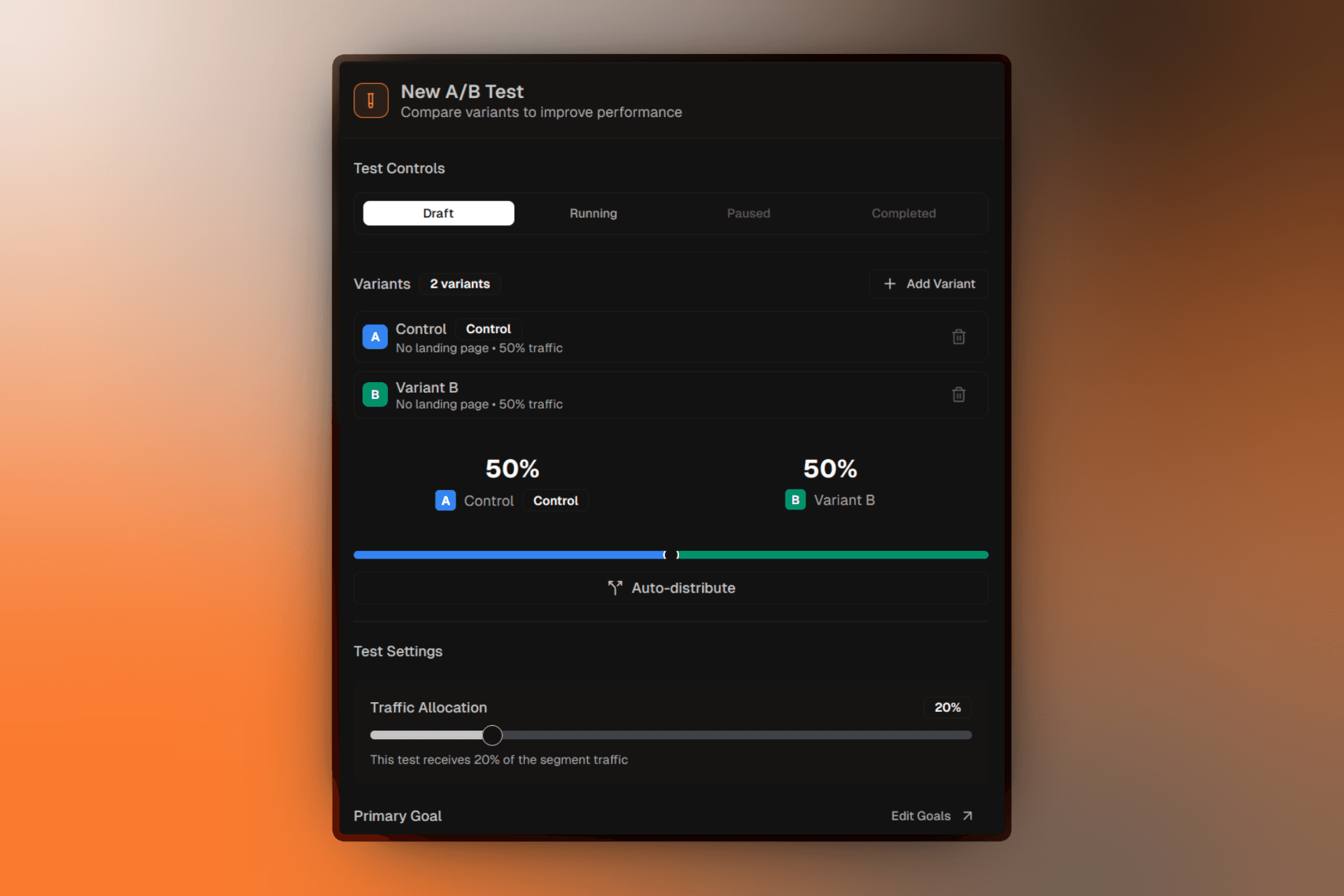 A/B test node with variants and configuration panel showing test settings