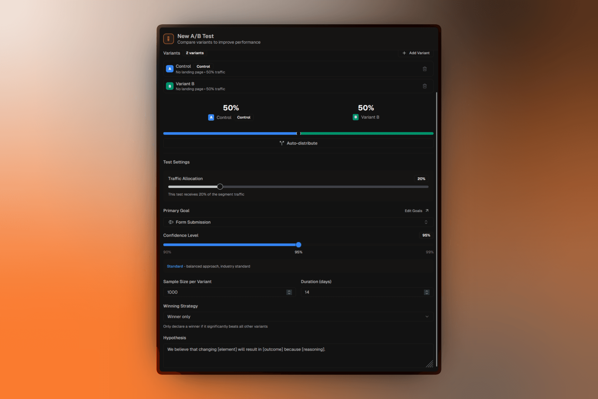 A/B test configuration panel showing hypothesis, completion criteria, and confidence level settings