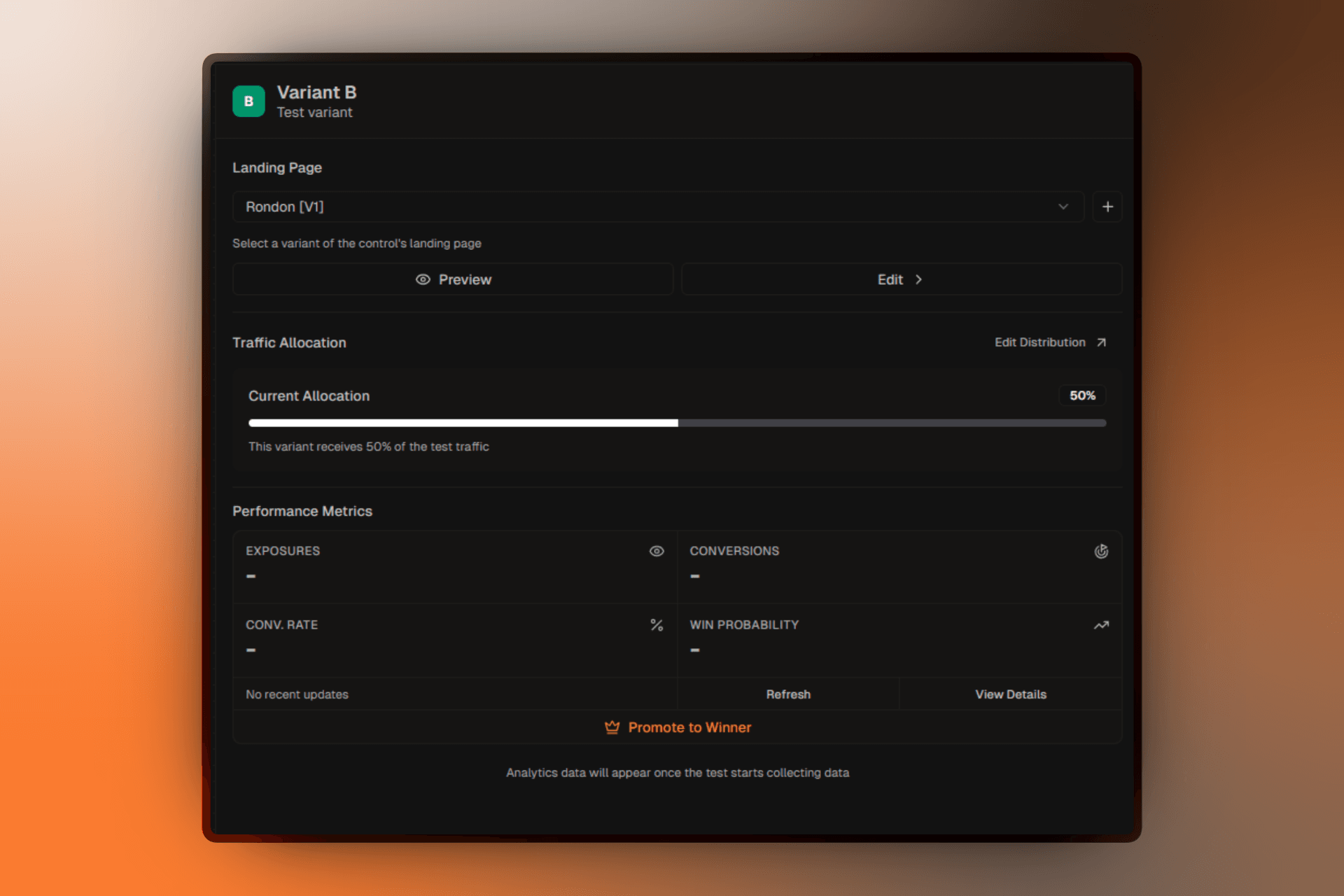 A/B test variants showing traffic distribution percentages