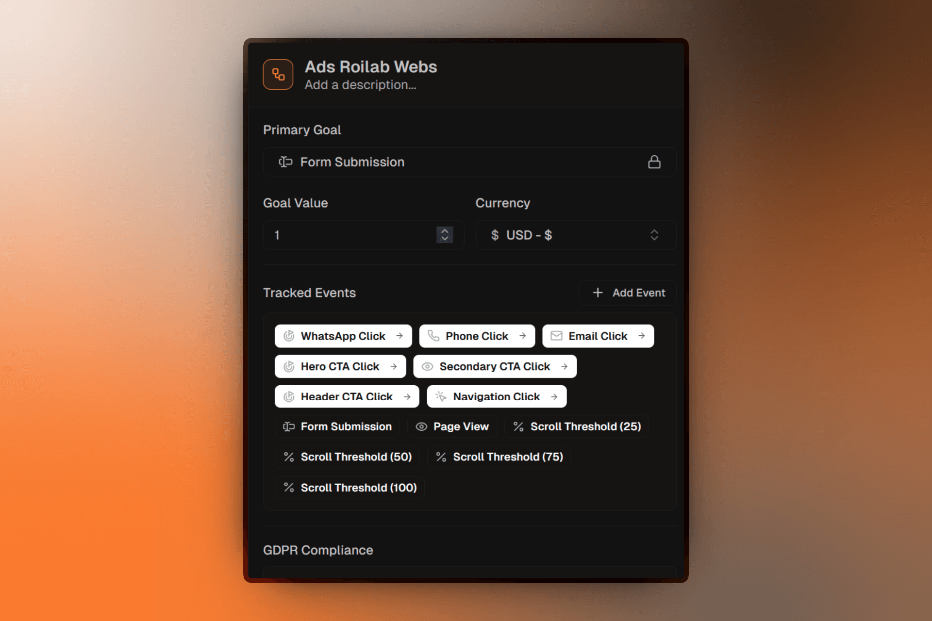 Campaign overview panel showing settings for goals, custom events, and configuration options