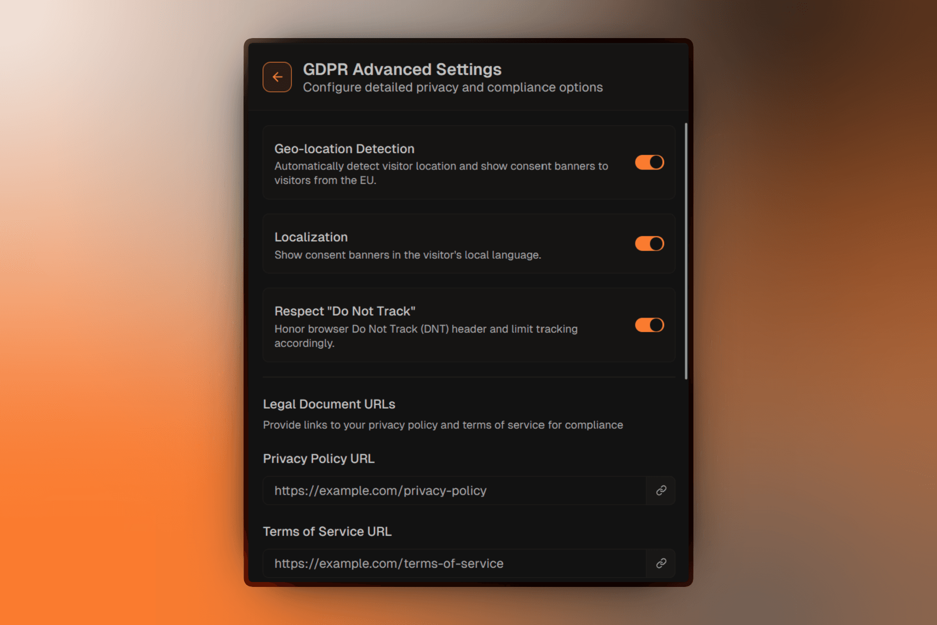 GDPR settings section with advanced options expanded