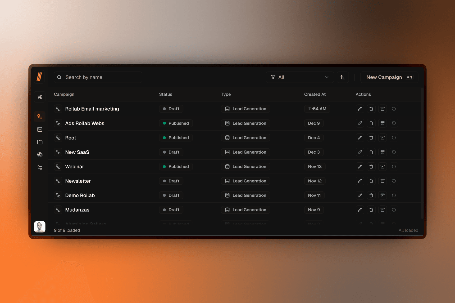 Campaign list view with filters, search, and multiple campaigns showing different statuses