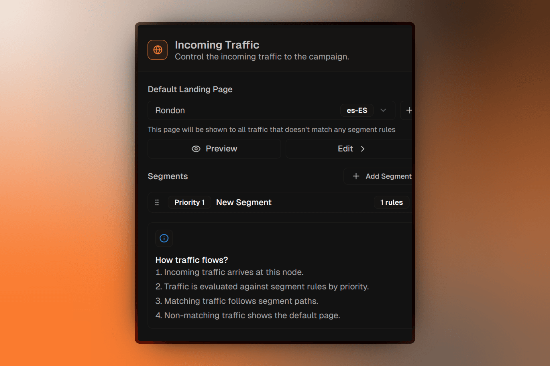 Traffic node panel showing default landing page and segment list