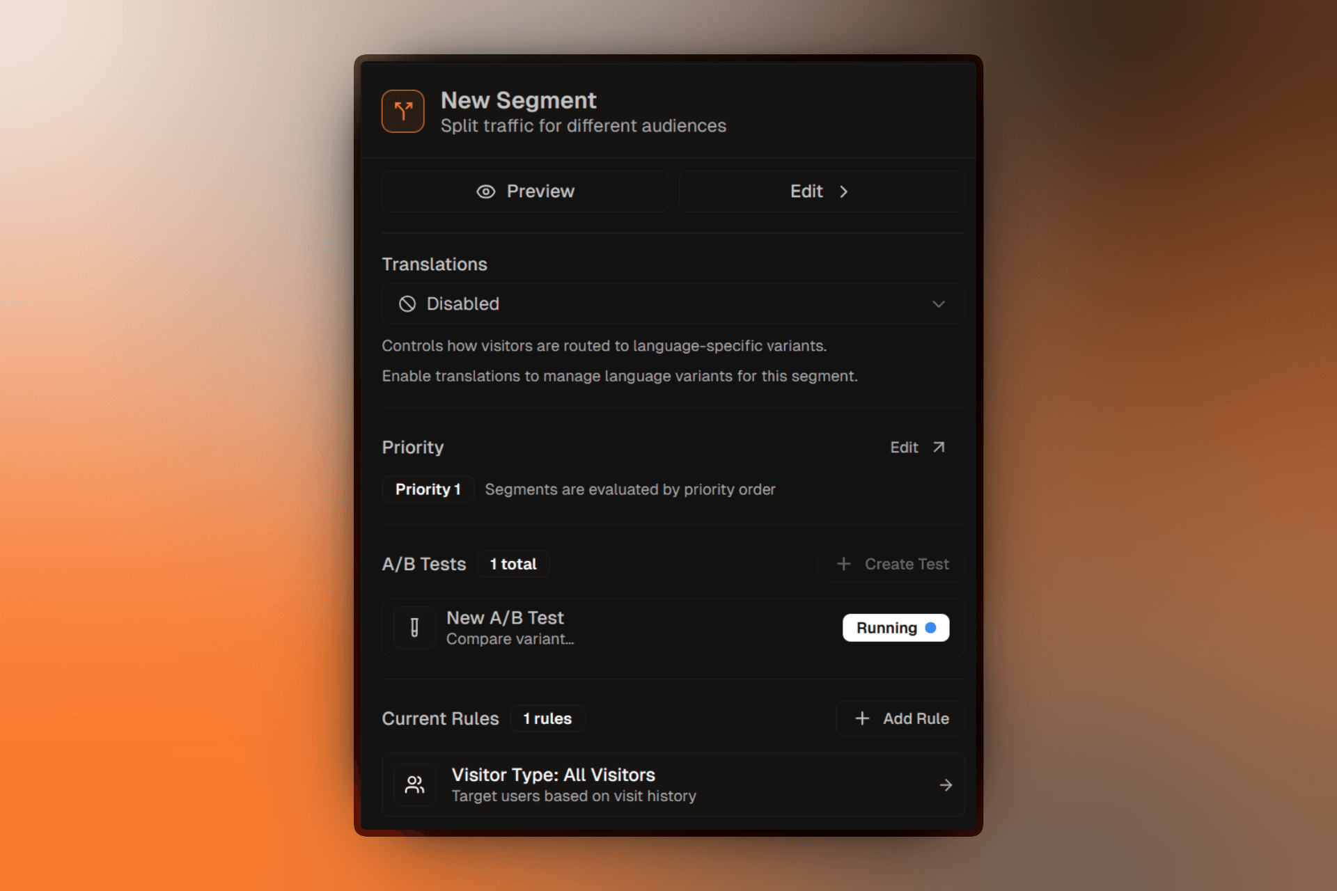 Segment configuration panel showing title, description, and targeting rules