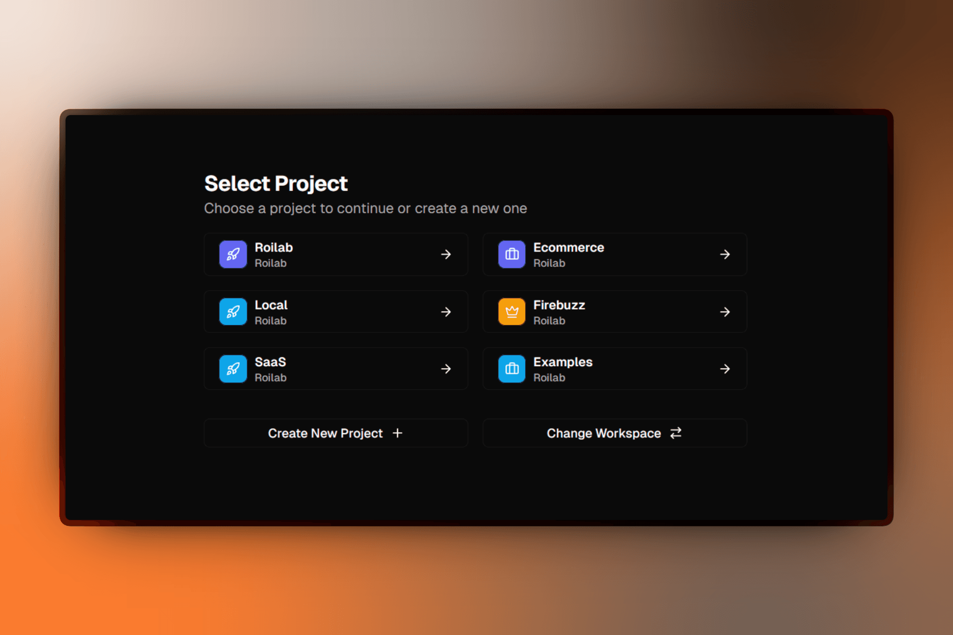 Project selection screen with existing projects and Create New Project button