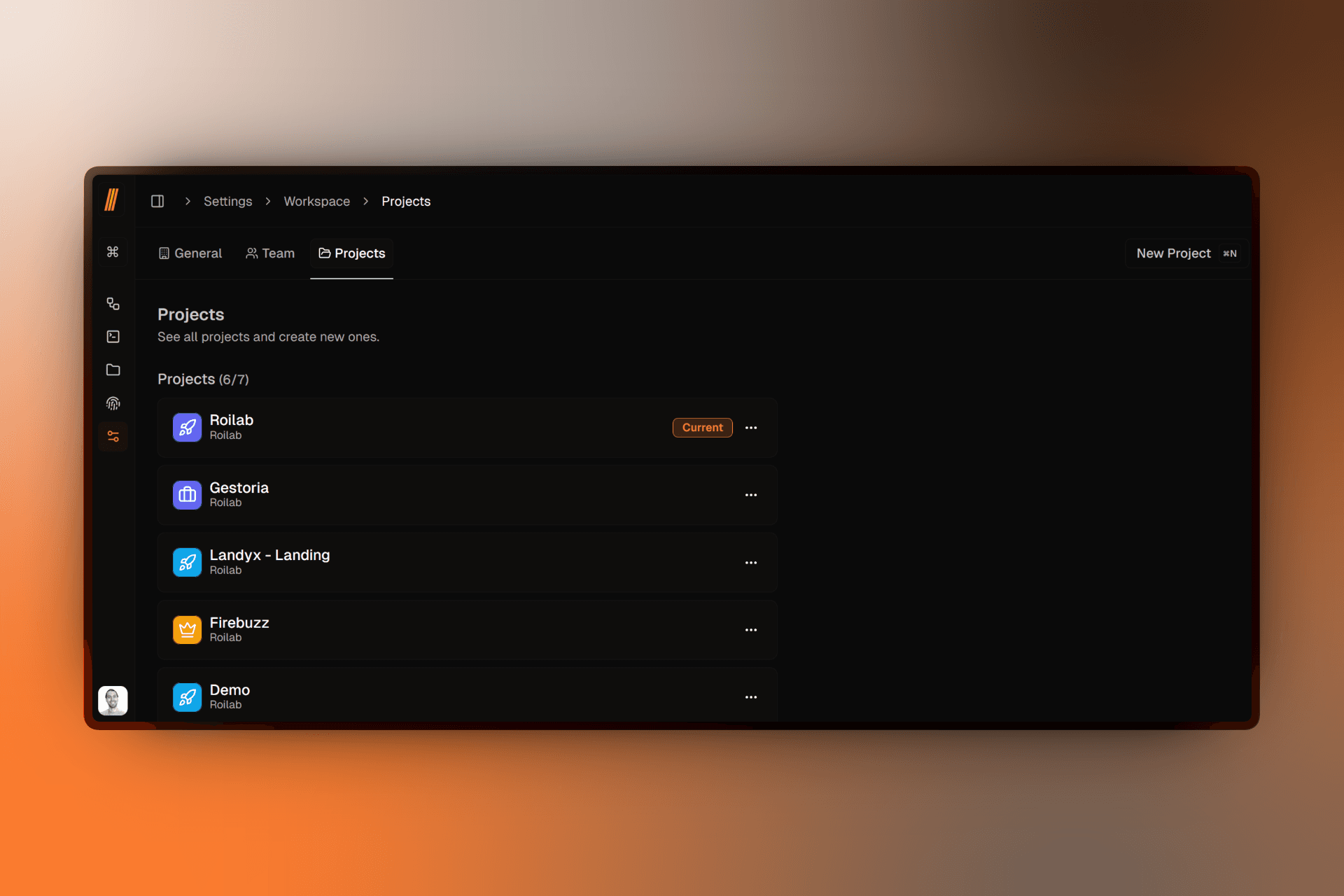 Workspace settings showing the Projects section with Create New Project button