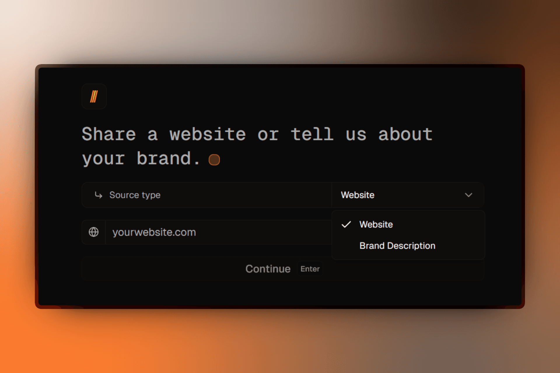 Onboarding screen showing website URL input and text description options