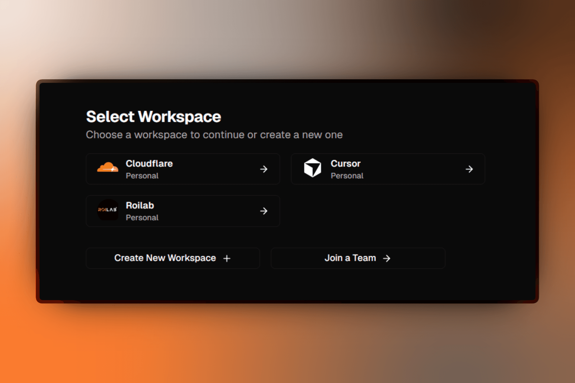 Workspace selection page with available workspaces and create workspace button