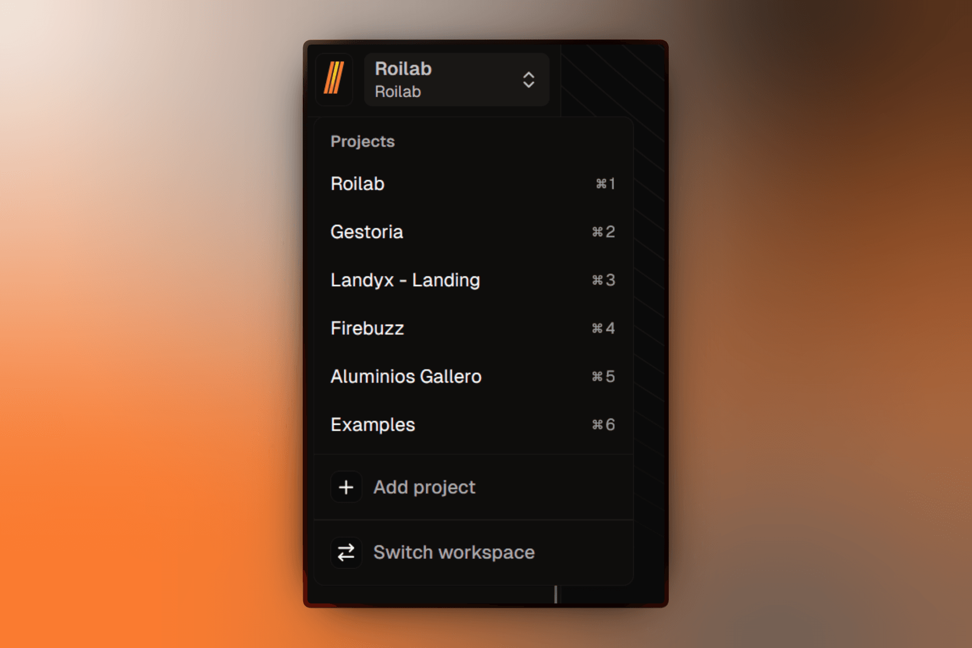 Switcher dropdown menu with projects list and Switch Workspace option