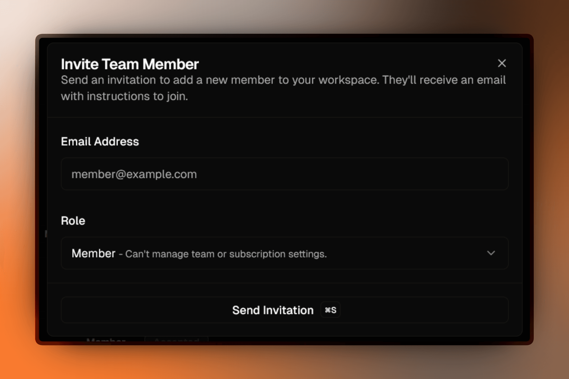 Invitation form showing email address and role selection fields