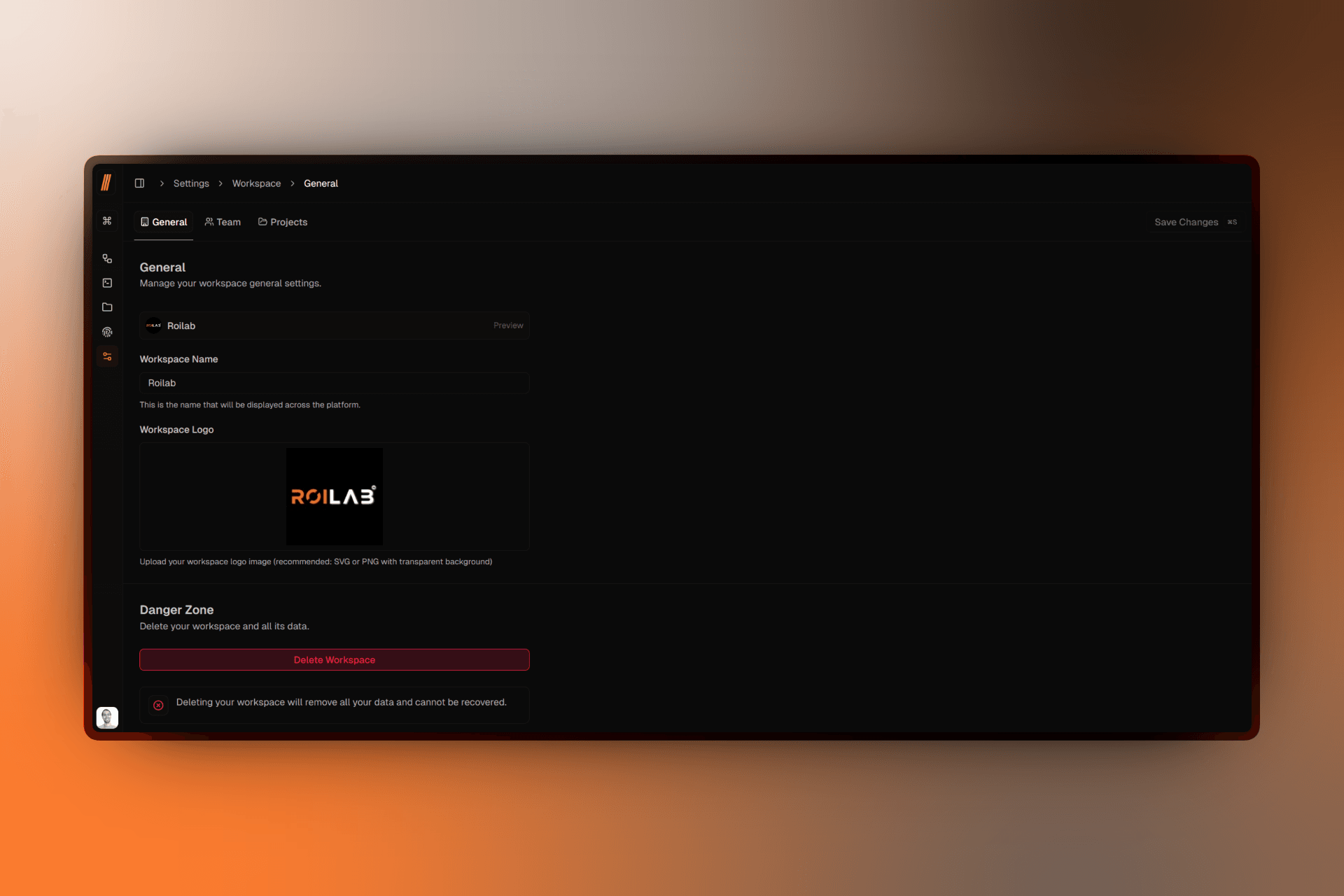 Workspace general settings page showing preview, name field, and logo upload